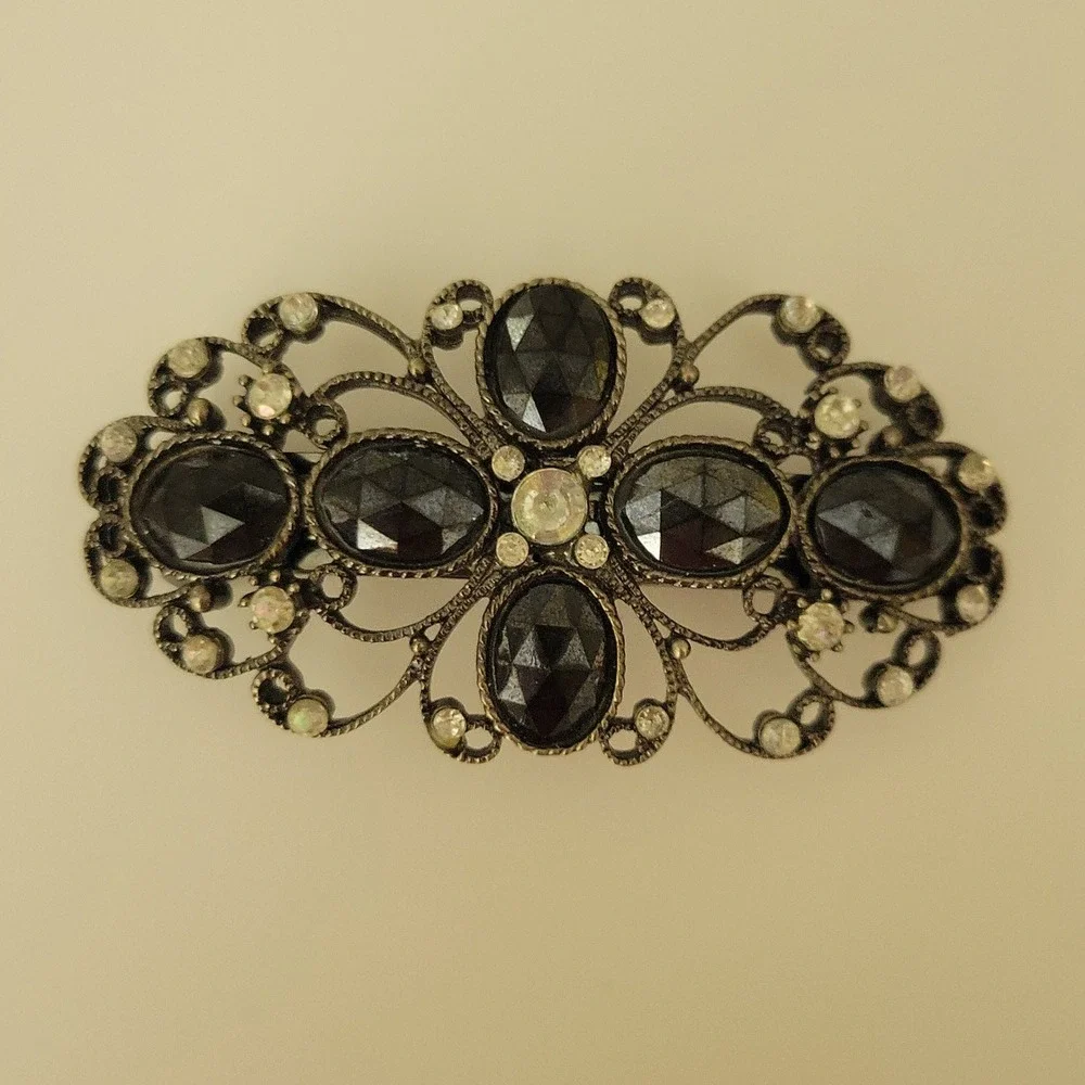 Vintage Style Black Rhinestone Antiqued Silver Filigree Brooch Pin 3.5in Gothic